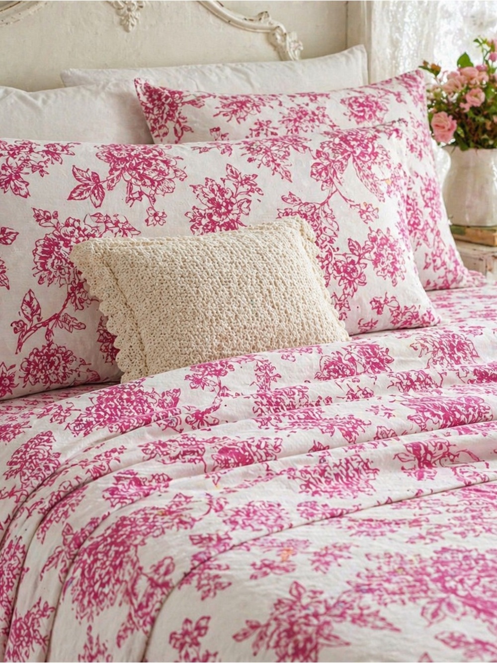 Rachel Ashwell Shabby Chic Pink Floral Cotton Sheet Set Size Queen Farmhouse